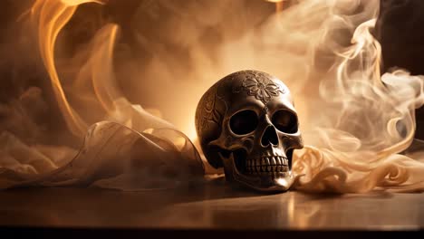 ornate skull with smoke and drapery