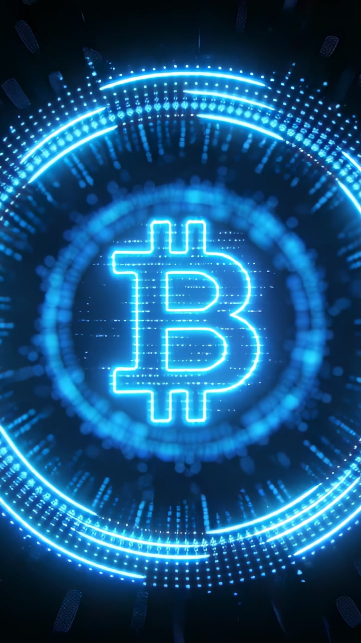 Loop starting neon Bitcoin emblem rotating, pulsing, emitting rings in dark HUD for crypto display
