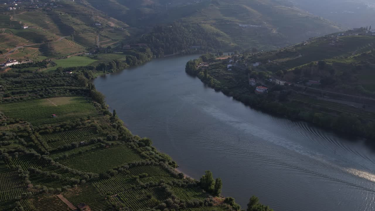 Veduta aerea del fiume Douro che serpeggia tra colline coperte di vigneti a Régua, Portogallo, sotto una luce solare soffusa