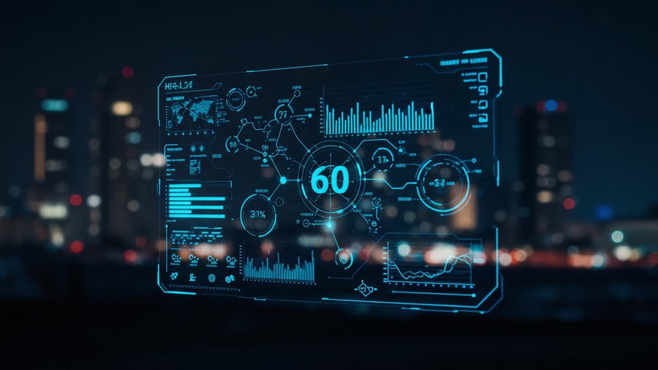 Futuristic Digital Interface Displaying Data Metrics, Analytics, and Graphs Against a City Skyline at Night, Showcasing Technological Advancements and Connectivity