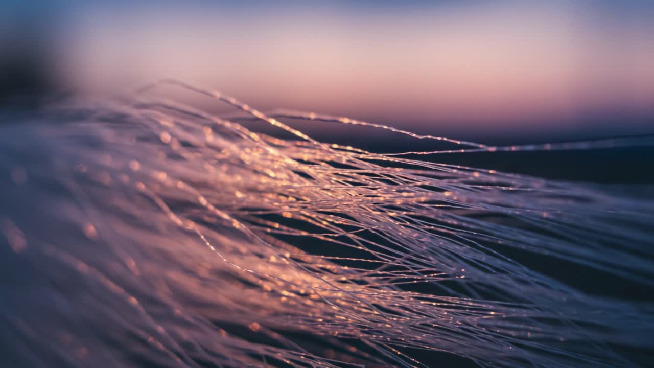 A Captivating Macro View of Delicate Ominous Grass Stems Glimmering with Dewdrops Under a Soft Twilight Sky, Emphasizing Nature's Intricate Details