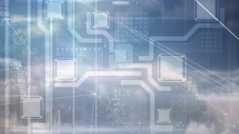 animation of net of connections with a microprocessor over clouds