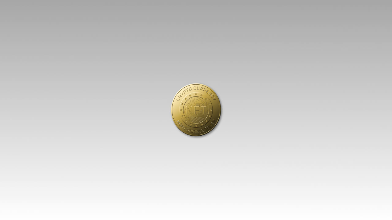 animación de una moneda nft dorada girando sobre un fondo gris