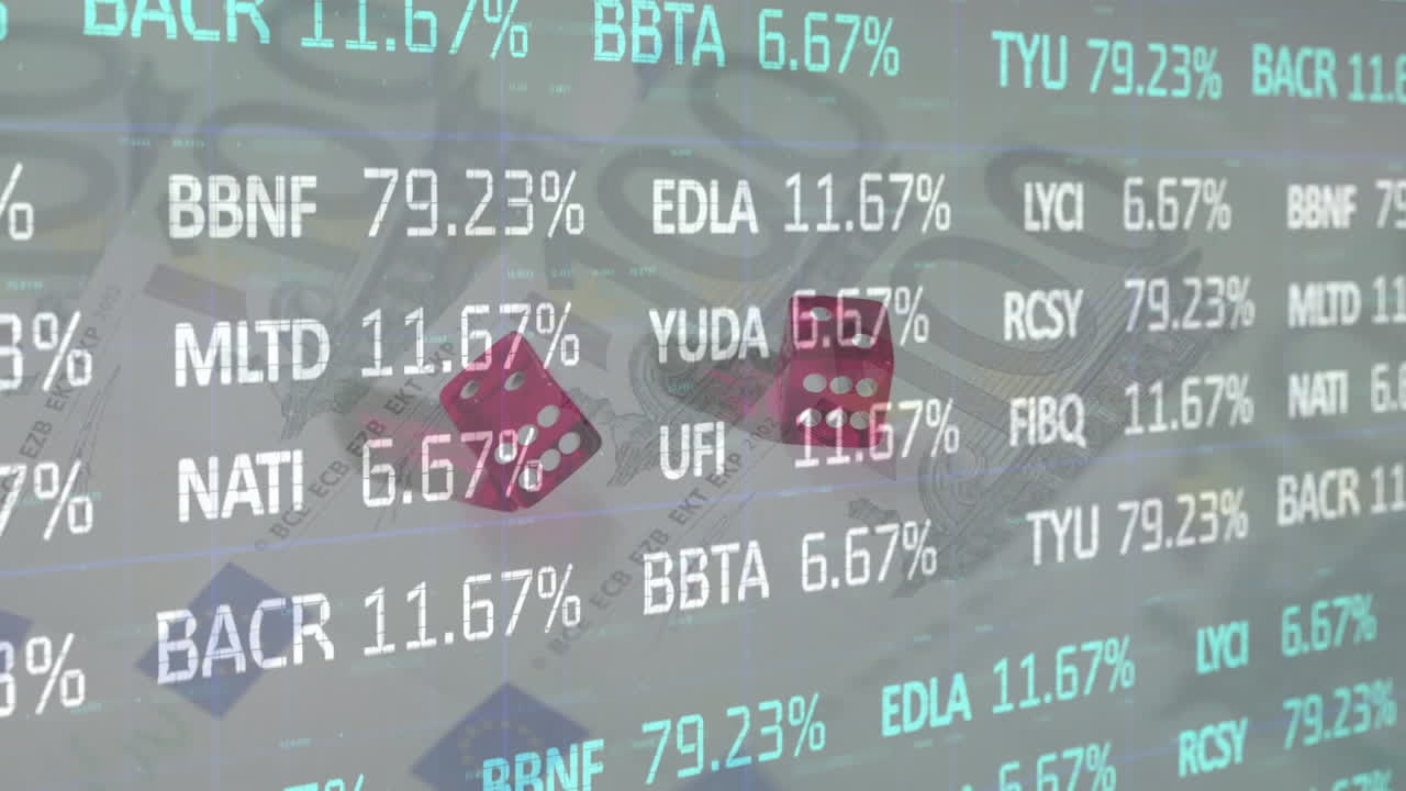 두 개의 주사위와 백그라운드에서 유로 통화 지폐에 대한 금융 데이터 처리 애니메이션