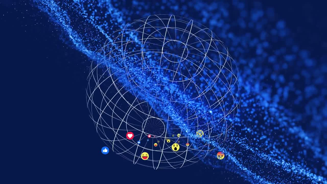 Animation of emotion icons, 3d neon particles with globe rotating on computer graphic background