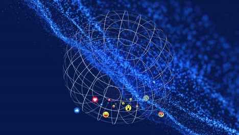 Animation-of-emotion-icons,-3d-neon-particles-with-globe-rotating-on-computer-graphic-background