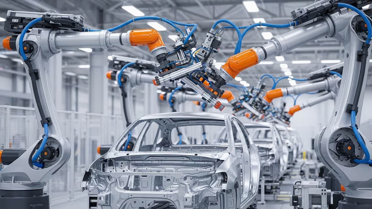 Advanced Robotic Automation in Automotive Manufacturing: A Cutting-Edge Look at the Precision and Efficiency of Robotic Arms Assembling Vehicle Frames