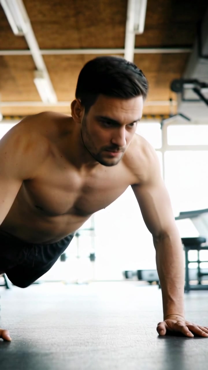 Vertical video: Starting shirtless man doing push-ups at gym, wearing earbuds, building strength