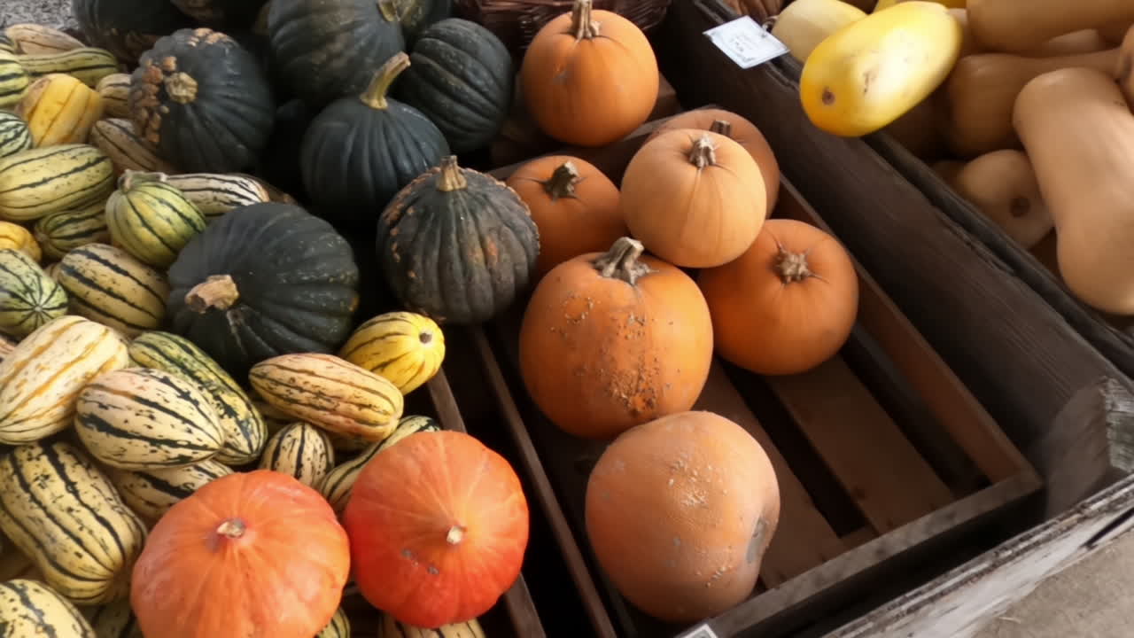 toma en cámara lenta de calabazas de otoño y calabazas en el mercado de un agricultor