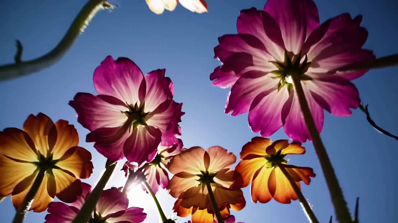 Low-angle video shot of vibrant flowers against a clear blue sky, capturing sunlight filtering