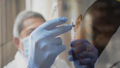 animation of masked gloved doctor flicking vaccination syringe and sleeping child