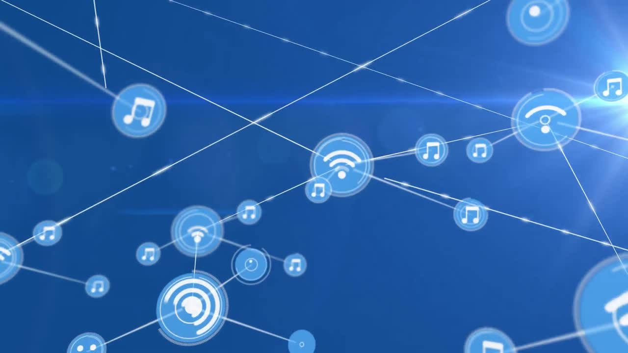 Animation of network of digital icons against light spot on blue background