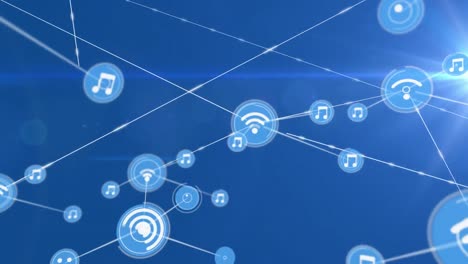 Animation-of-network-of-digital-icons-against-light-spot-on-blue-background
