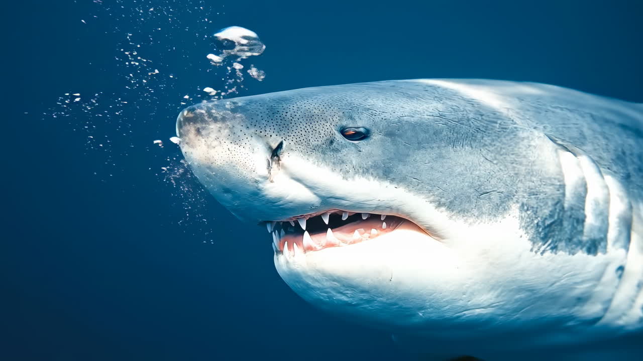 Shark swimming underwater near bubbles. A shark swims in deep water surrounded by bubbles. The scene shows the shark's head and part of its body