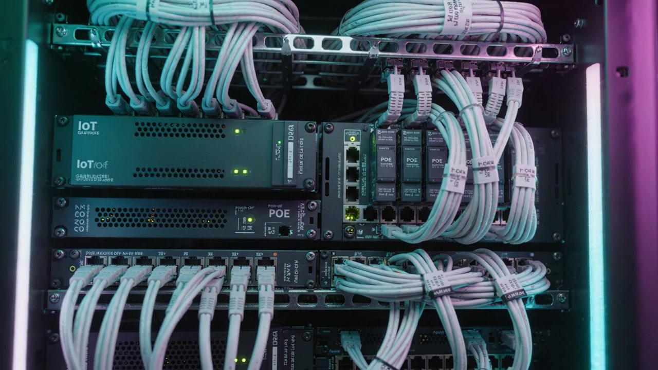 An Inside Look at an IoT Network Rack Featuring Organized Cabling and Essential Network Equipment for Efficient Data Management and Connectivity Solutions