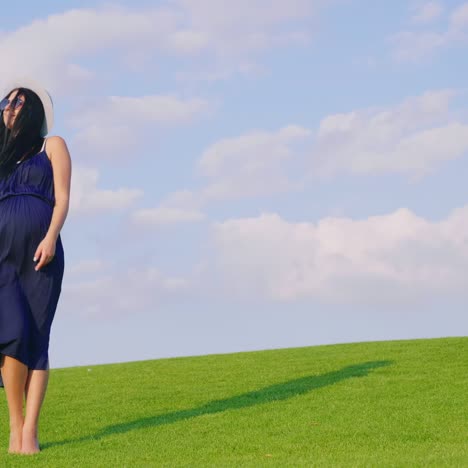 a pregnant woman in a light dress carefree walks through a green meadow