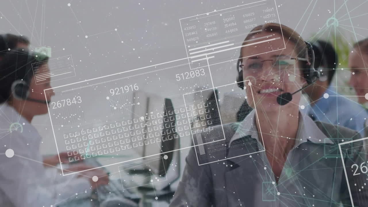 animación del procesamiento de datos financieros sobre diversas personas de negocios en la oficina