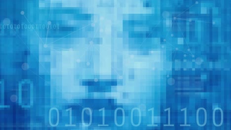 inteligencia artificial, identidad digital, rostro pixelado oscurecido, código binario - fondo azul abstracto de 4k