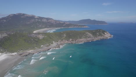 Squeaky-Beach-And-Headland-In-Wilsons-Promontory-National-Park,-Australia---aerial-drone-shot