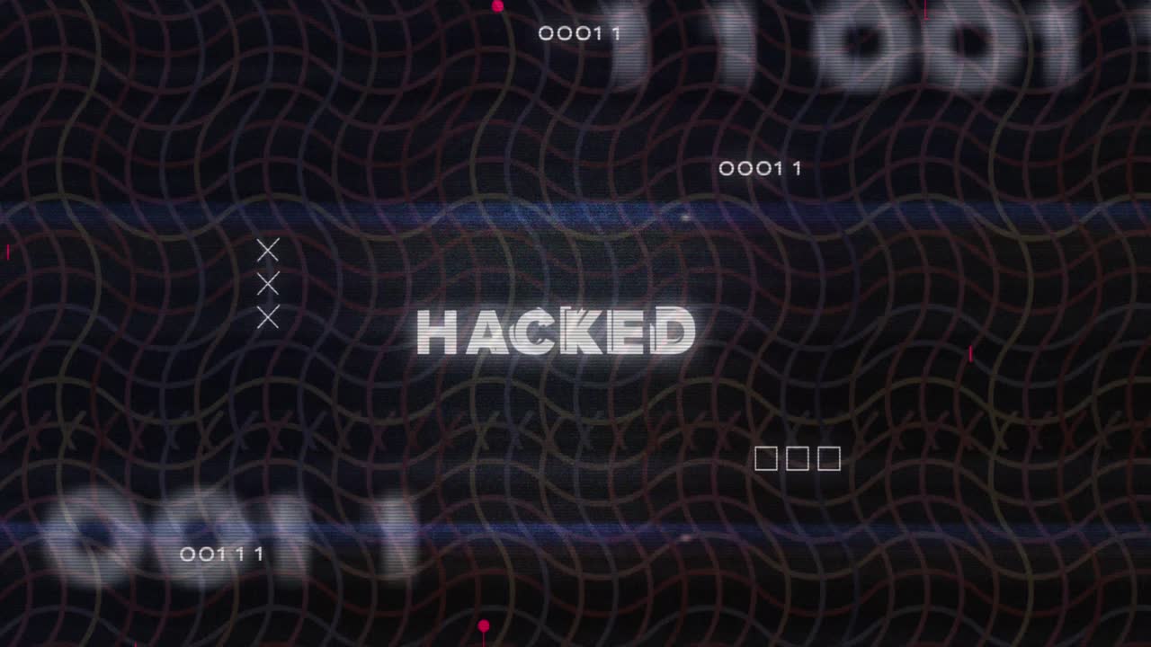 Animation of hacked text over grid pattern, binary codes and circuit board pattern