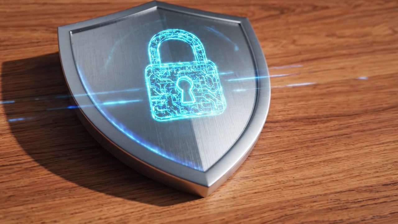 Innovative Shield Device with Futuristic Lock Icon for Enhanced Security Solutions on a Wooden Surface