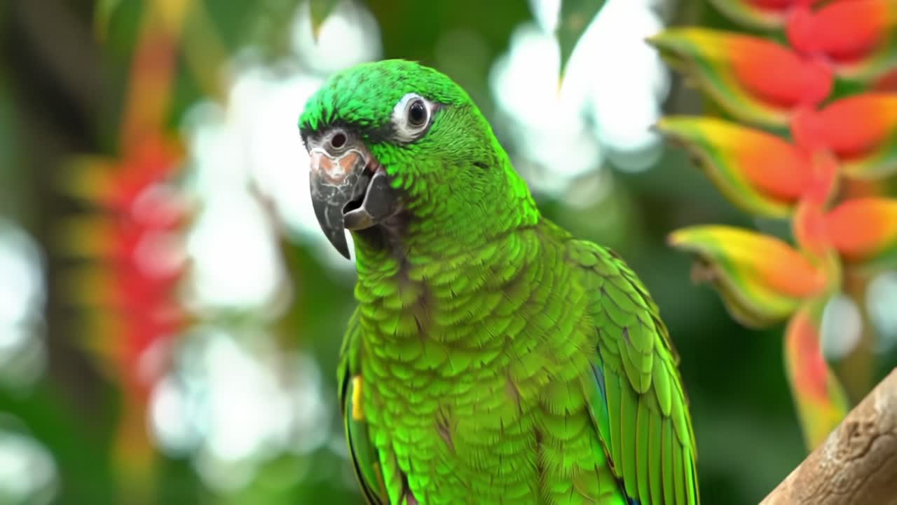 A Vibrant Green Parrot Enjoying a Snack Amidst Lush Tropical Foliage, Captured in Two Distinct Frames Highlighting Its Playful Nature and Colorful Surroundings