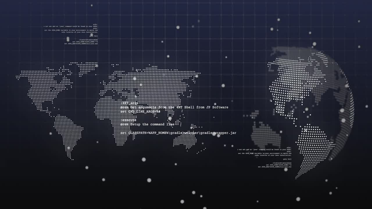 Animation of dots and data processing over world map and rotating globe on navy background
