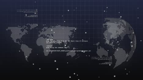 animation of dots and data processing over world map and rotating globe on navy background