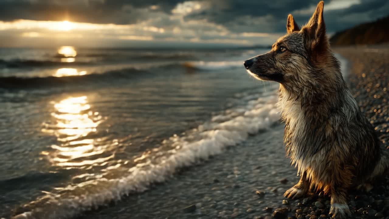 Görkemli Bir Köpek, Sakin Okyanus Dalgaları Üzerindeki Gün Batımına Düşünceli Bir Şekilde Bakarken, Bir Sahil Akşamının Huzurunu Yansıtıyor