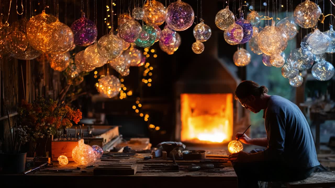 Artisan Creating Exquisite Glass Ornaments in a Cozy Workshop, Surrounded by Glowing Handcrafted Pieces and a Warm Hearth, Showcasing Masterful Craftsmanship and Artistic Passion