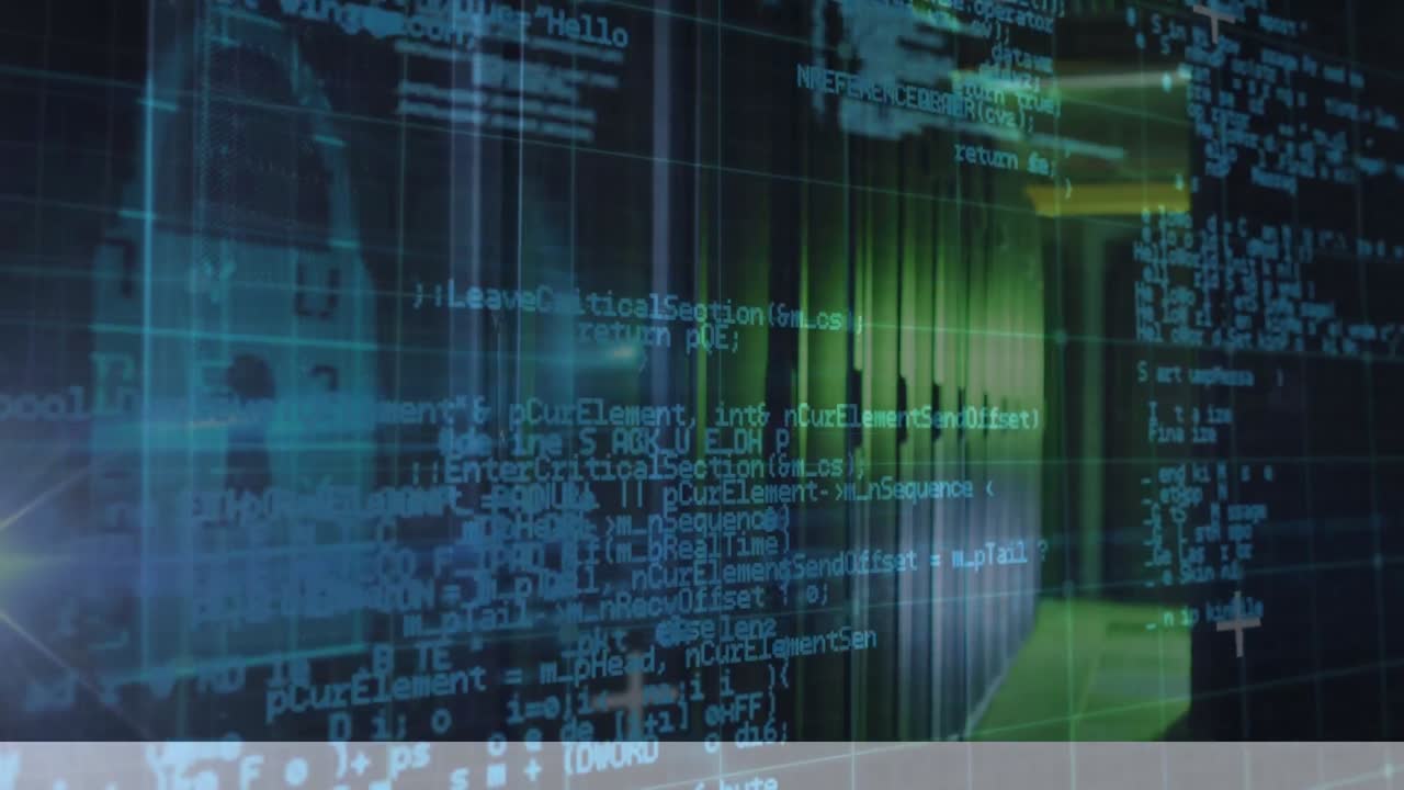 Animation of online security padlock and data processing over computer servers