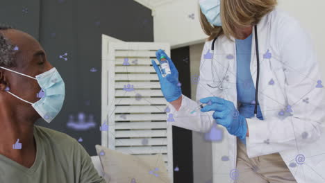 doctor holding medication and syringe, social media network animation over patient