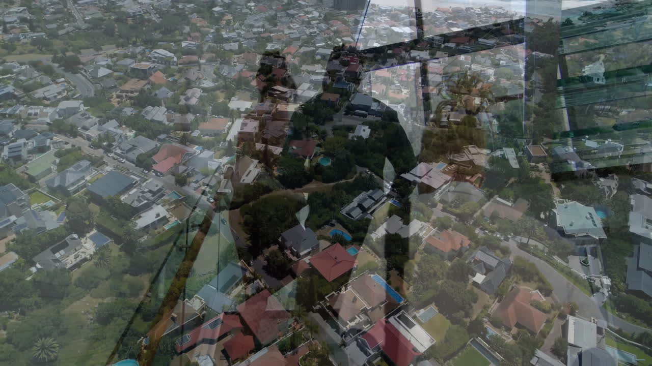 Climbing silhouette over animation of suburban neighborhood in school setting