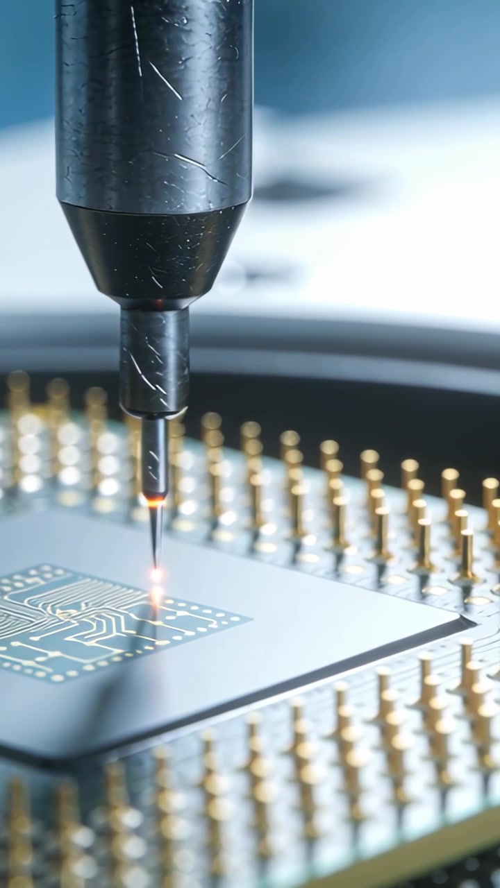 Video verticale: Ugello saldatore che si abbassa su comando, toccando il pad del chip sui pin d'oro per saldare il contatto.