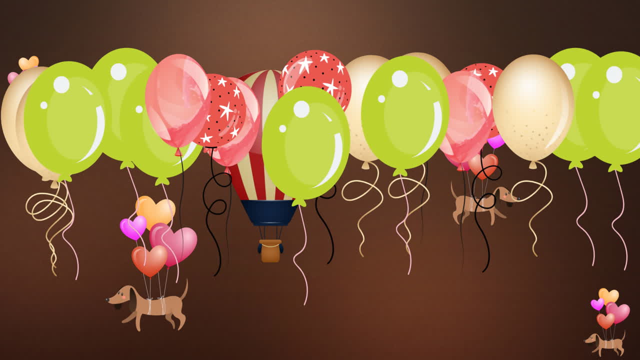 animación de globos coloridos y perros voladores sobre un globo de aire caliente