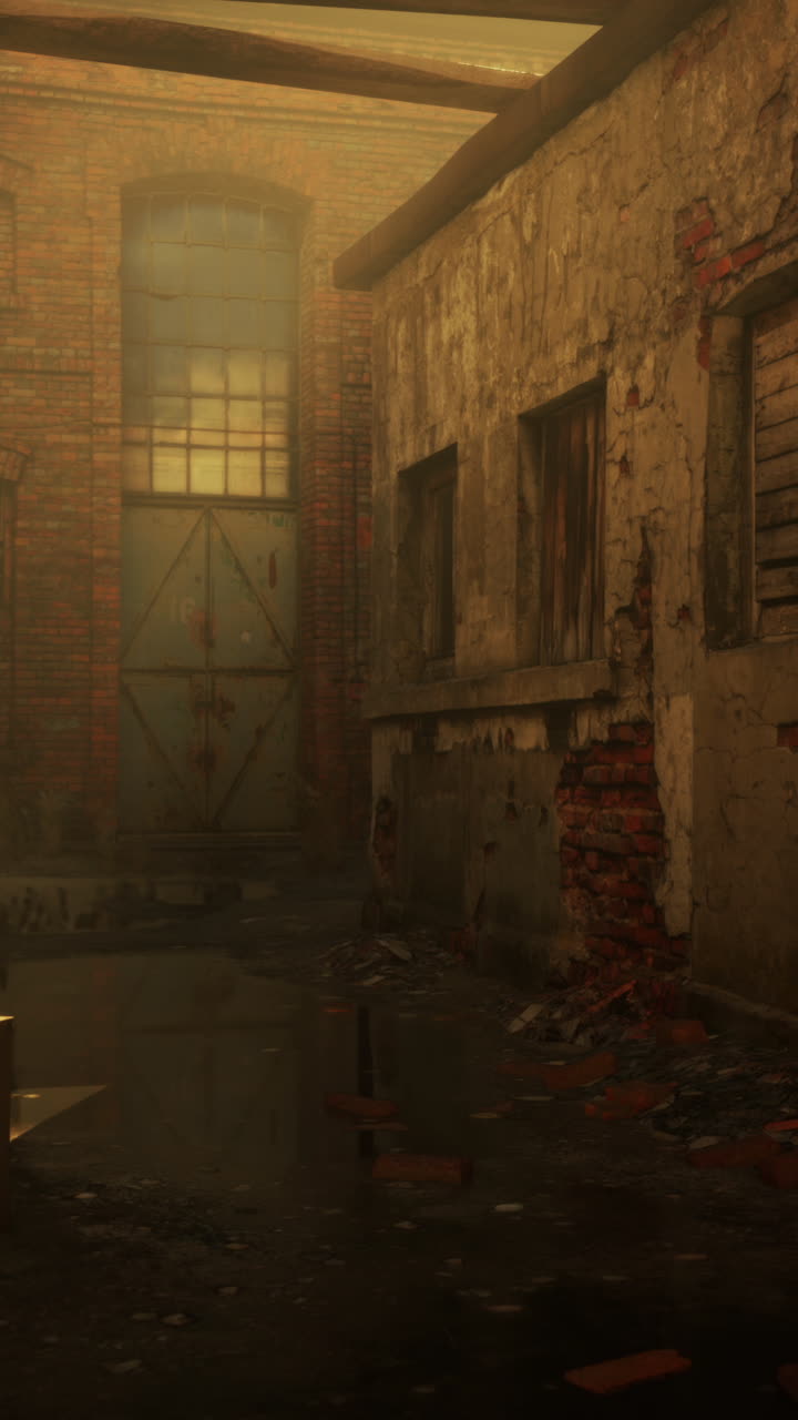 edificio de ladrillo abandonado en la niebla