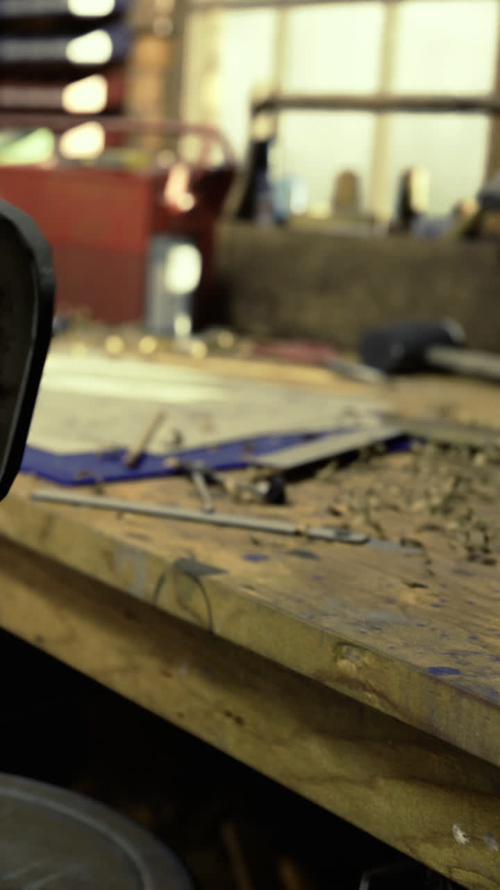 Workbench with tools and materials in a workshop setting during the day
