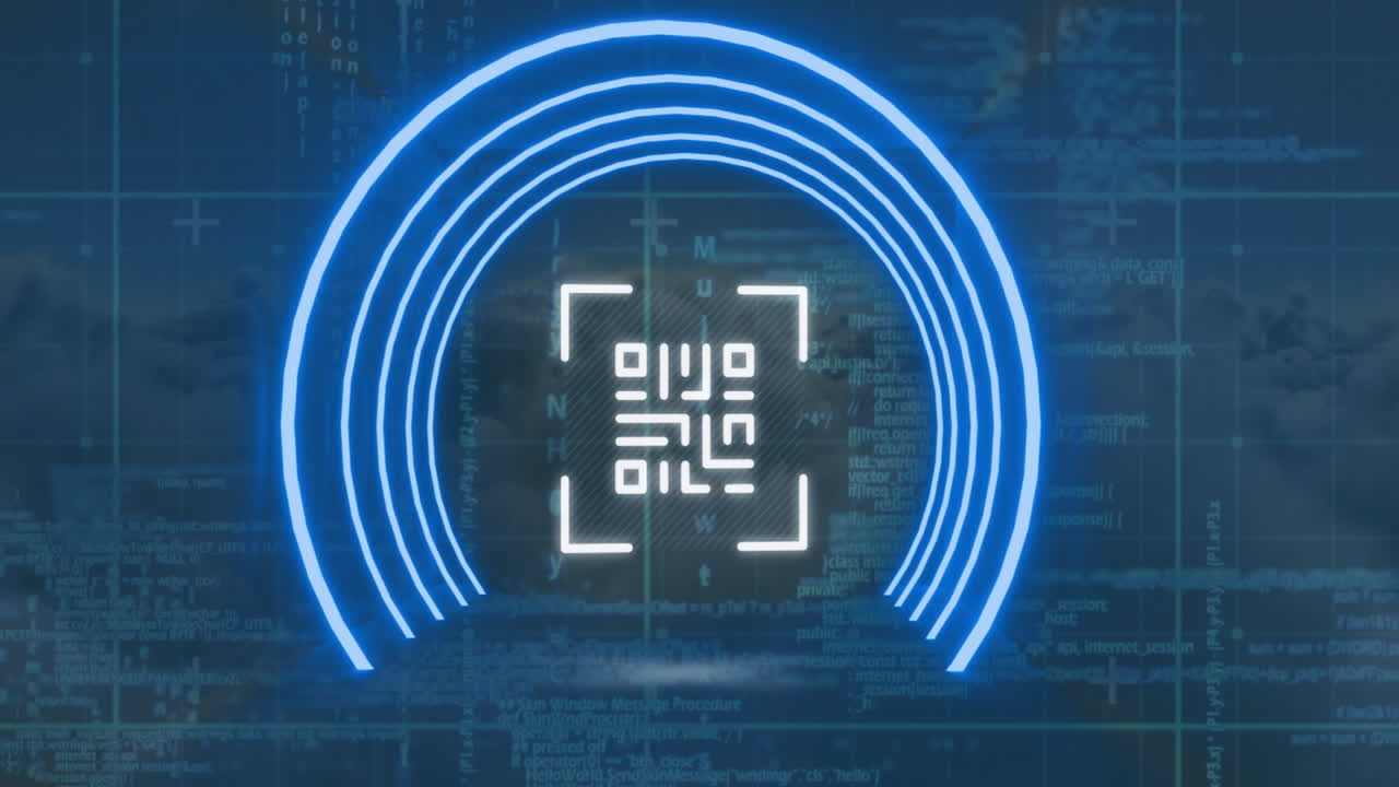 Animation of glowing blue arcs with digital code pattern on data background