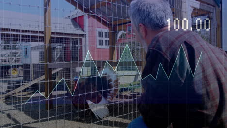 male farmer crouching by fence on agriculture farm, displaying live data graph monitoring turkey