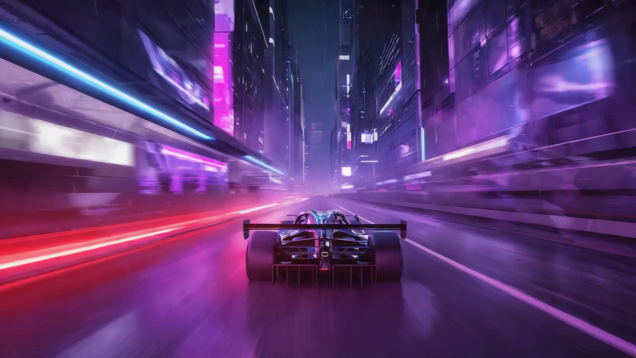 Auto da corsa futuristica che sfreccia attraverso una città al neon di notte