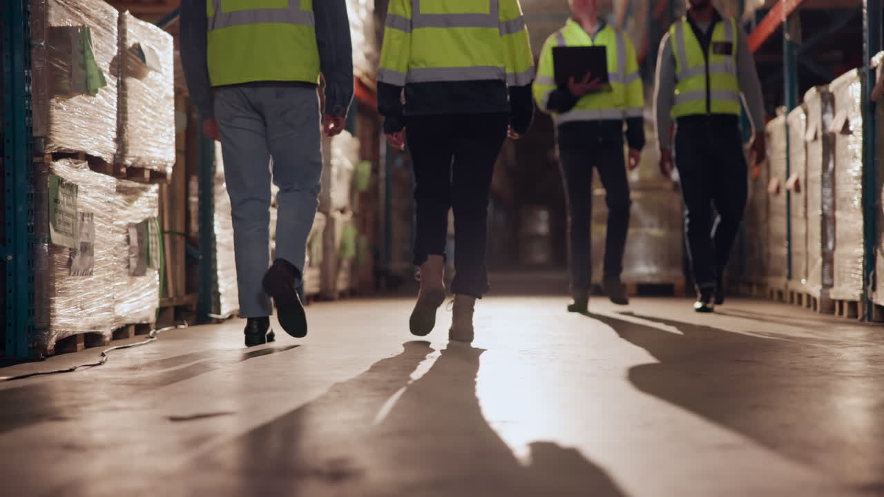 Warehouse Workers Walking Through Inventory