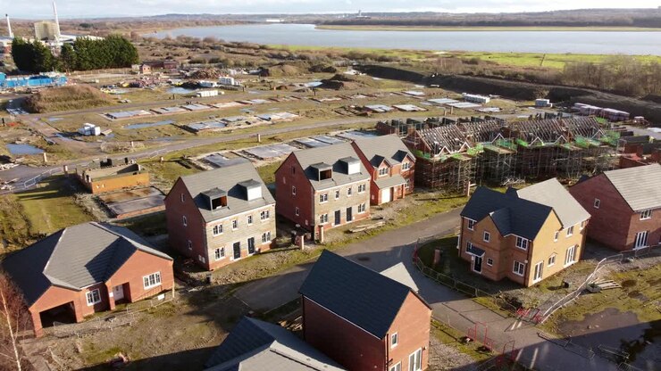 Vista aerea di un cantiere incompiuto per lo sviluppo immobiliare di case a schiera sul lungomare del Regno Unito