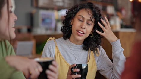 happy, talking and friends with coffee