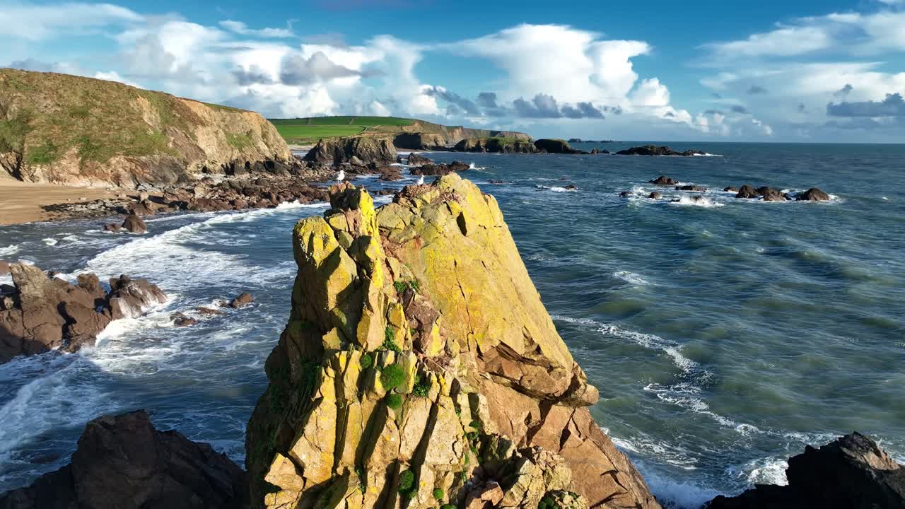 Ireland epic locations seagulls on sea stack and drone pull away revealing dramatic rocky coast Waterford Epic Locations
