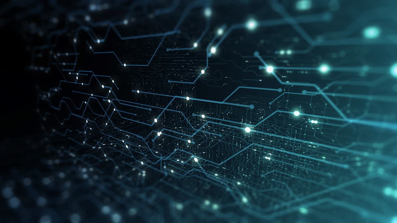 placa de circuitos abstractos. tecnología de hardware de computadoras electrónicas. chip digital de placa base. cuadrícula de partículas de matriz realidad virtual. comunicación de red. cpu de información. renderizado 3d, bucle sin costuras 4k