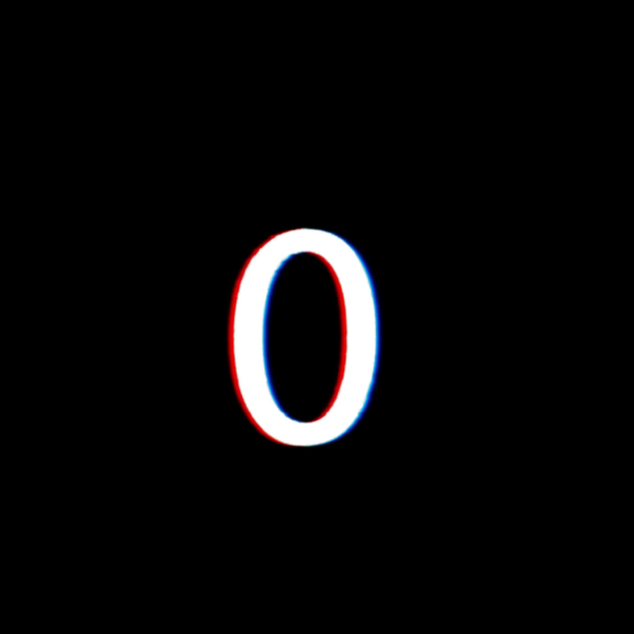 Numéro 0 avec effet de glitch sur fond noir