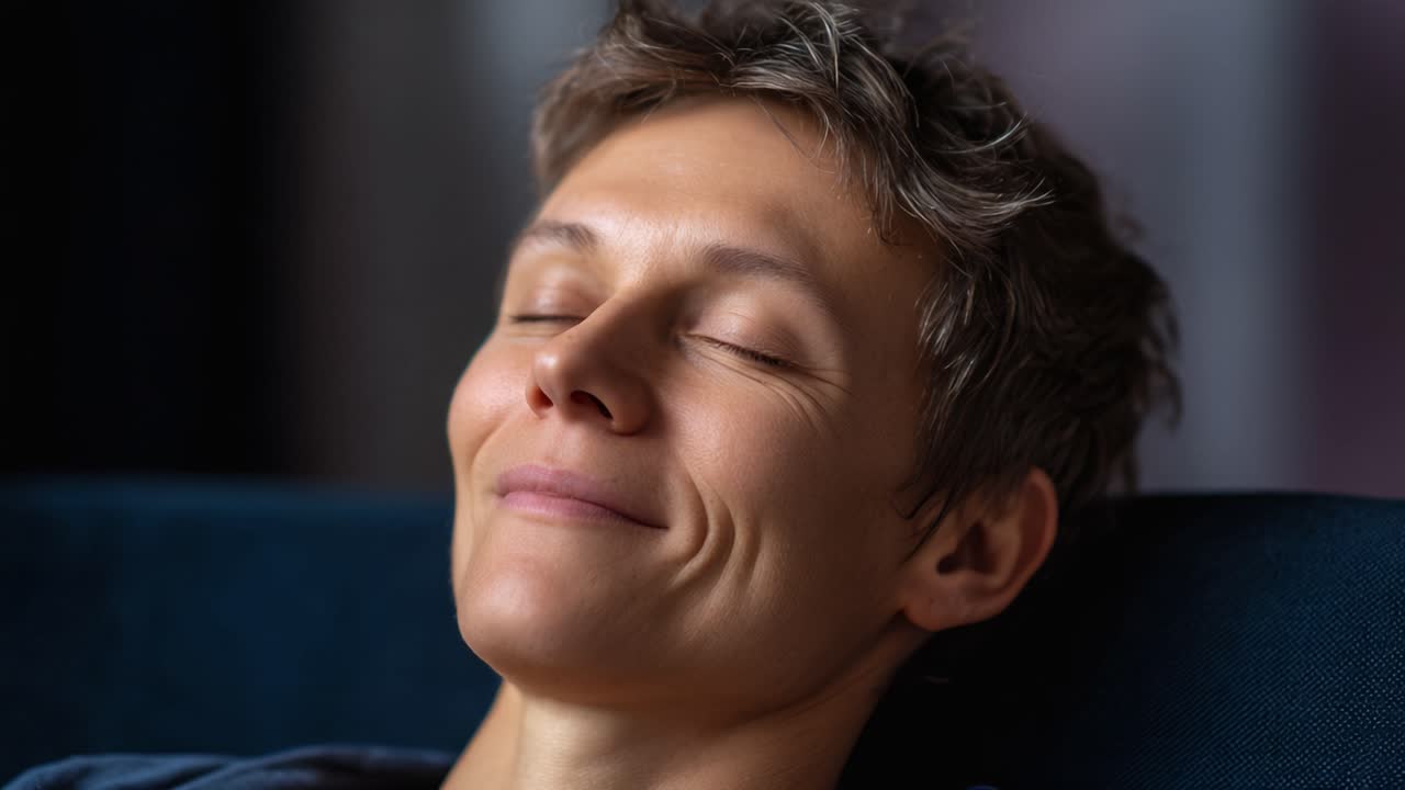Una persona serena che vive un momento di rilassata introspezione, abbracciando la calma e la tranquillità nella comodità del proprio ambiente, con gli occhi chiusi.