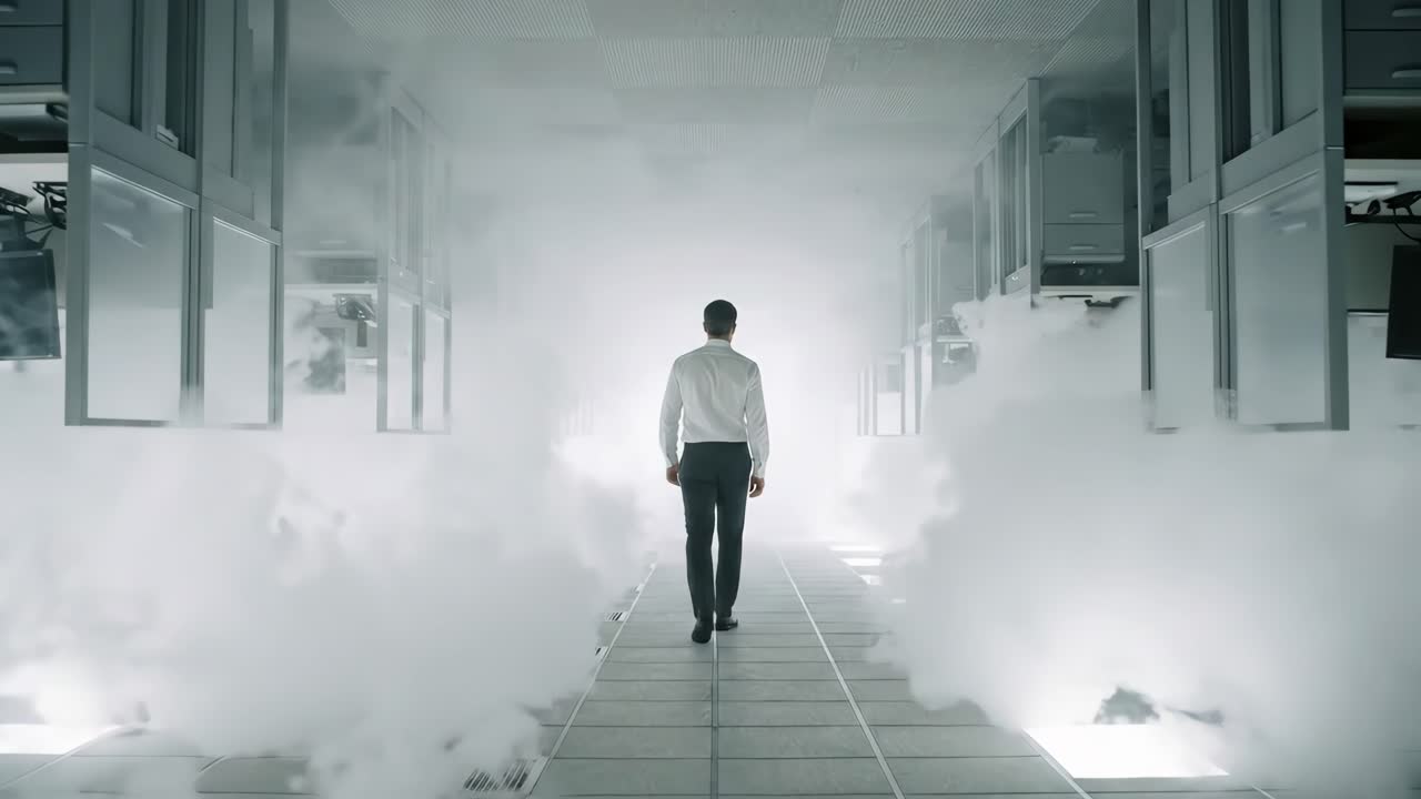 Man Walking Away in a Smoky, Modern Office