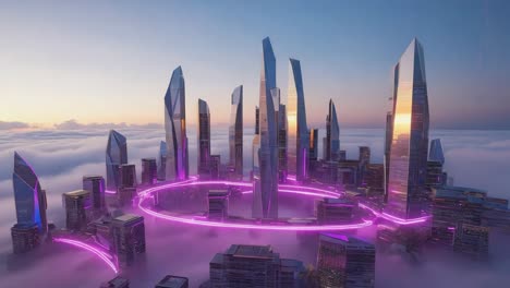 futuristic city above the clouds with neon lights