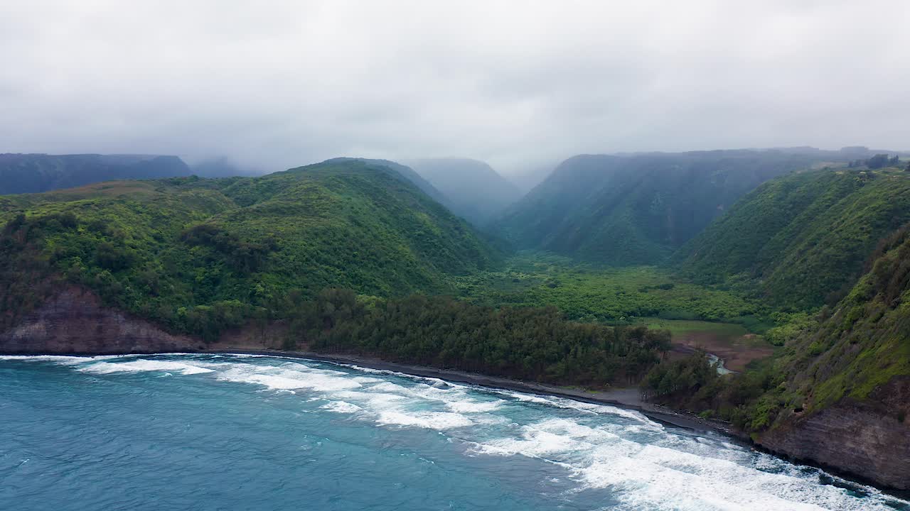 Lush green cliffs and dense forest meet the rugged coastline of Pololu Valley, Hawaii. Waves crash onto the black sand shore under an overcast sky.
